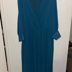 Deep Teal Long Sleeve Wrap-Front Midi Dress